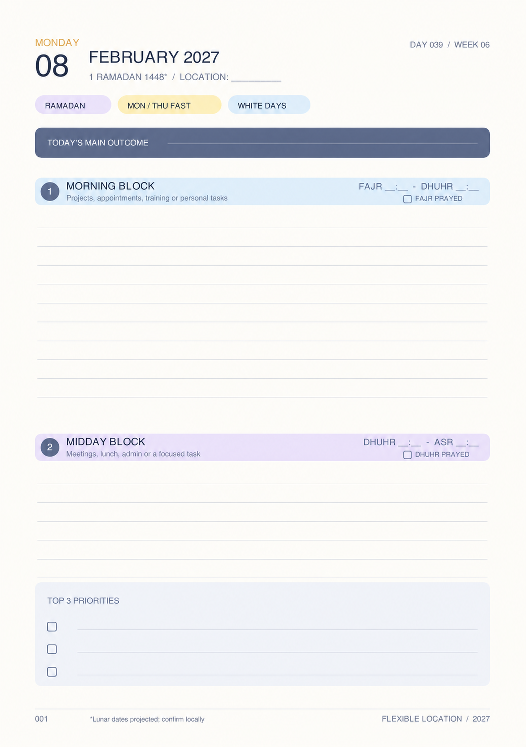 Left page of the Flexible Location A5 daily spread with blank prayer-time fields